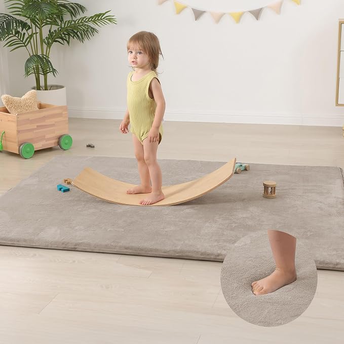 Baby Play Mat for Floor,Extra Large 59"×71" Playpen Mat for Tummy Time,Thicker Padded Elasti Foam Activity Mats,Water Repellent Ultra Soft Velvet,Non-Slip Backing Safe(Beige)