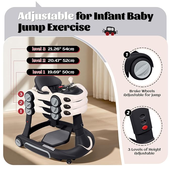 Baby Walker, 4-in-1 Baby Walker with Wheels Portable, Foldable Infant Toddler Walker for Boys Girls 6-18 Month,Removable Footrest,Car Steering Wheel & Music, Adjustable Push Walker Black