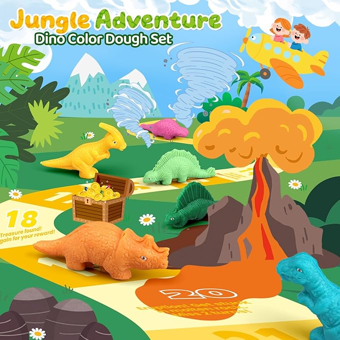 Dinosaur Dough Sets for Kids Ages 2-4, Family Board Games for 2-6 Players, 6 Dino 3D Modeling Tools, 5 Dough, Adventure Map & Dice, Dough Accessories Gift for 3 4 5 6 Year Old Boys Girls