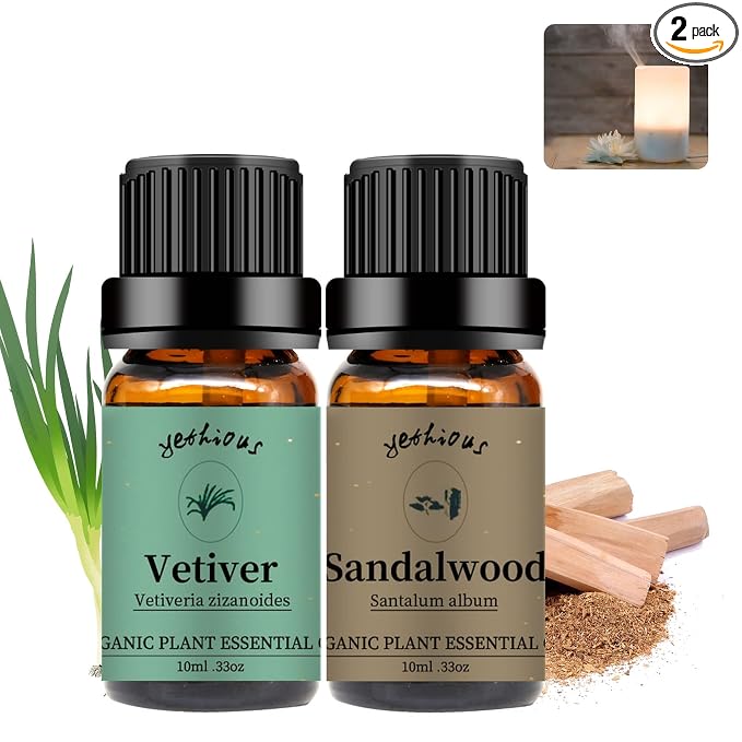 yethious Sandalwood Vetiver Essential Oil Set 100% Pure Organic Undiluted Aromatherapy Oils for Diffuser, Skin, Hair, Perfume, Soap, Candle Making 2 x 10ML