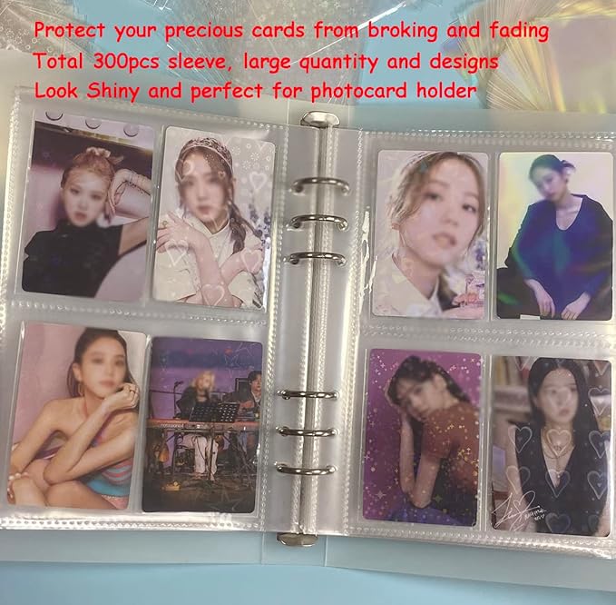 300 Pcs Kpop Photocard Sleeves Laser Flashing Card Sleeves Heart Star Glass Gemstone Rainbow Holographic Trading Card Protector for Photocard Mini Polaroid Kpop Photo Cards