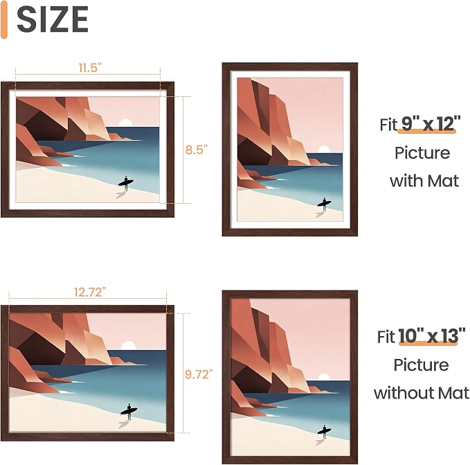 upsimples 10x13 Picture Frames, Display Pictures 9x12 with Mat or 10 x 13 Without, Wall Hanging Photo Frame, Brown, 1 Pack