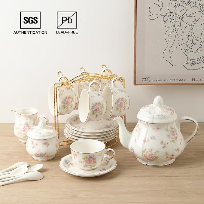 Sweejar 23 Pcs Floral Tea Sets with Metal Holder, Relief Gold Rim Porcelain Tea Sets for Adults, Cup and Saucer Set for 6, with Teapot, Sugar Bowl, Milk Jug, Spoons (Small Flower)