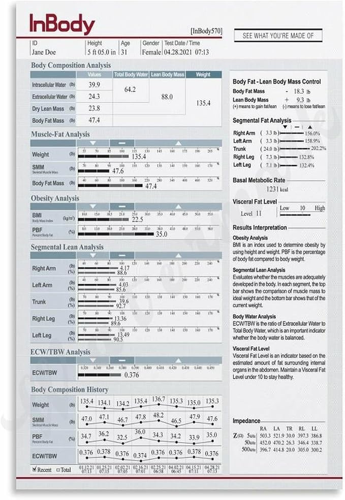 InBody1 Poster Body Composition Analysis Guide, Muscle Mass, Body Fat, BMI, Visceral Fat Level, Basal Metabolic Rate Canvas for Living Room Bedroom Decor 12x18inch(30x45cm) Unframe-style