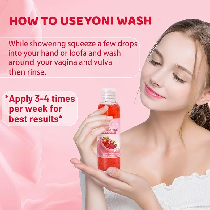 2 PCS Yoni Wash, Natural Feminine Wash for Women Ph Balance, Yoni Body Wash Soap Vaginal Wash Gel for Intimate Moisturizing Deodorant Remove Odor, Strawberry Scent