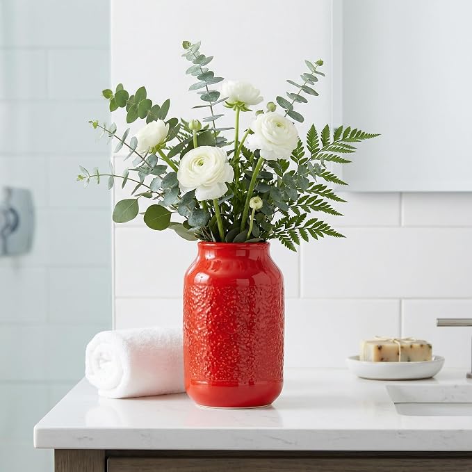 Red Ceramic Vase for Home Decor - 9 Inch Boho Modern Flower Vase for Pampas Grass, Pottery Decorative Vases for Centerpiece, Living Room, Mantle, Bookshelf, Table Decor