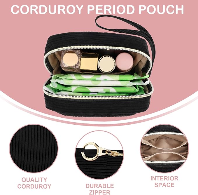 Corduroy Period Pouch Small Discreet Period Bag Sanitary Napkin Storage Bag Cute Menstrual Pad Pouch Tampon Bag for Purse Portable Wristlet Makeup Bags for Women Ladies Black