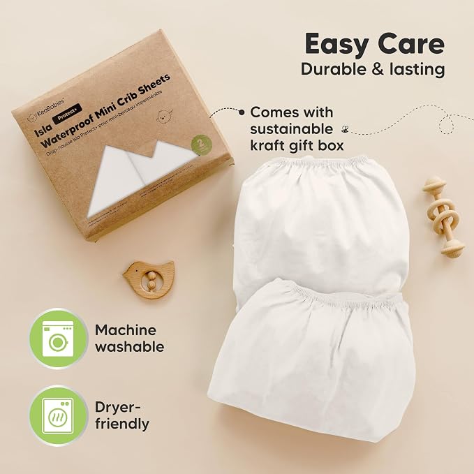2-Pack Waterproof Pack and Play Sheets, Mini Crib Sheets Fitted for Boy, Girl - 38 x 26 Viscose From Bamboo Pack N Play Mattress Sheets for Graco, Toddler Playard Baby Crib Sheets Neutral (Soft White)