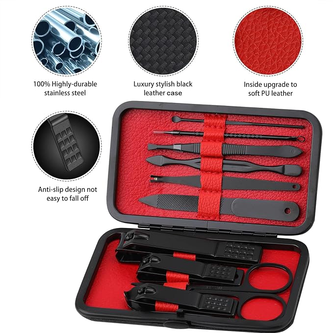 Manicure Set Nail Clippers Kit Professional Stainless Steel Nail Care Tools with Leather Travel Case 10 in 1 Black