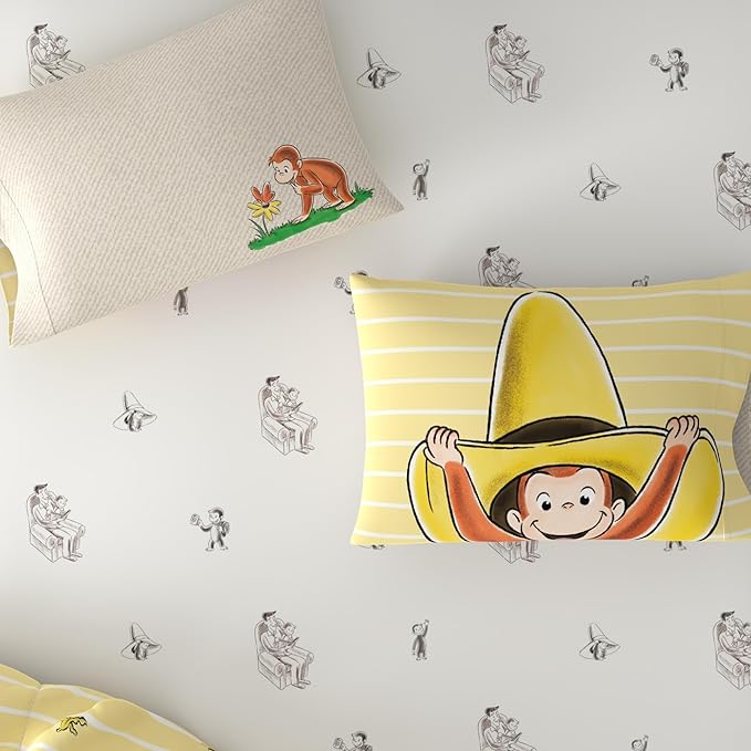 Curious George Bedding Set, Full Size 7 Piece Set Kids Super Soft Cozy Reversible Comforter and Sheet Set with Sham, (100% Officially Licensed Product) by Franco