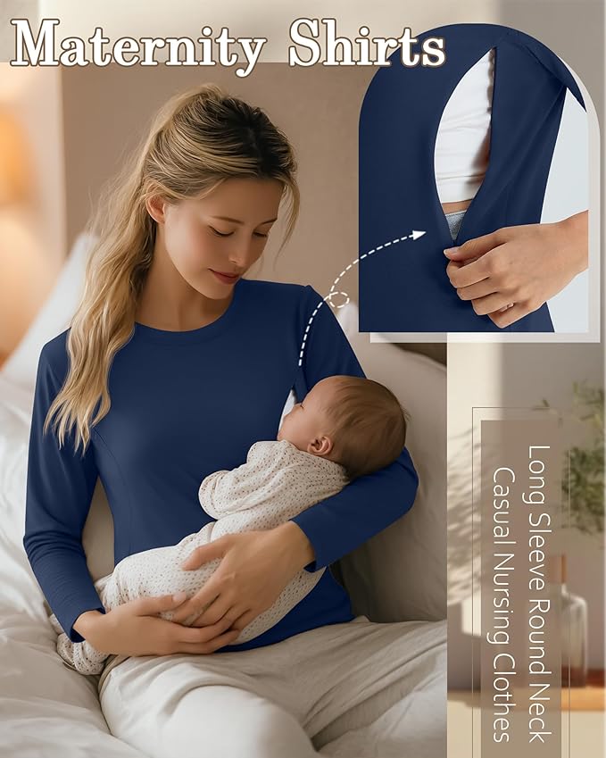 3 Pack Nursing Tops for Breastfeeding Maternity Shirts Zipper Long Sleeve Round Neck Knit Casual Nursing Clothes