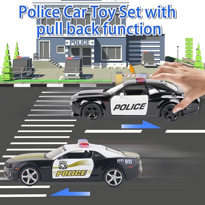 OTONOPI 2 Packs Police Car Toys, 1/36 Die Cast Metal Car Model American Cop Car for Collectible, Police Vehicles Toy Set Challenger and Camaro Pull Back 5 inch City Rescue for Kids Boy Girl Age 3-12
