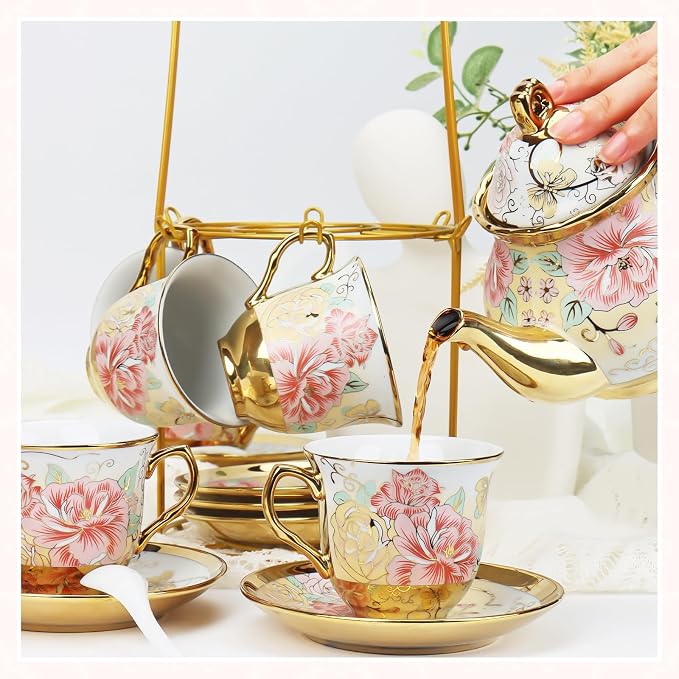 20 Pcs Porcelain Tea Set with Metal Holder, European Ceramic Tea Set for Adults, Antique Enamel Tea Cup Saucer Set for Party, Coffee Tea Gift Sets with Pink Flower Painting (Pink Enamel)