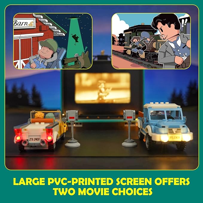 City Drive-in Theater Lighting-Building-Bricks-Set - Road Trip Night Glow Car Cinema Modular Collection LED Light Building Set 1760 Pcs for Adults, Teen and Travelling Enthusiasts