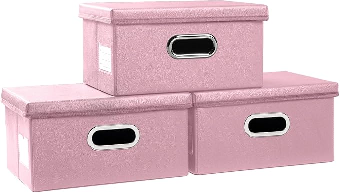 Collapsible Storage Box with Lid [3-Pack] Leather Fabric Foldable Storage Bin Organizer Container Basket Cube with Cover for Home Bedroom Closet Office Nursery Pink(13.6x9.6x6.9)