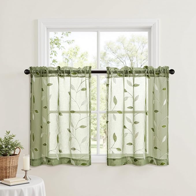 MIULEE Sage Green Sheer Curtains 2 Panels Embroidered Leaf Patterned Rod Pocket Floral Semi Sheer Faux Linen Short Window Curtains Drapes Set for Kitchen Bathroom Cafe, 30x24 Inches Length