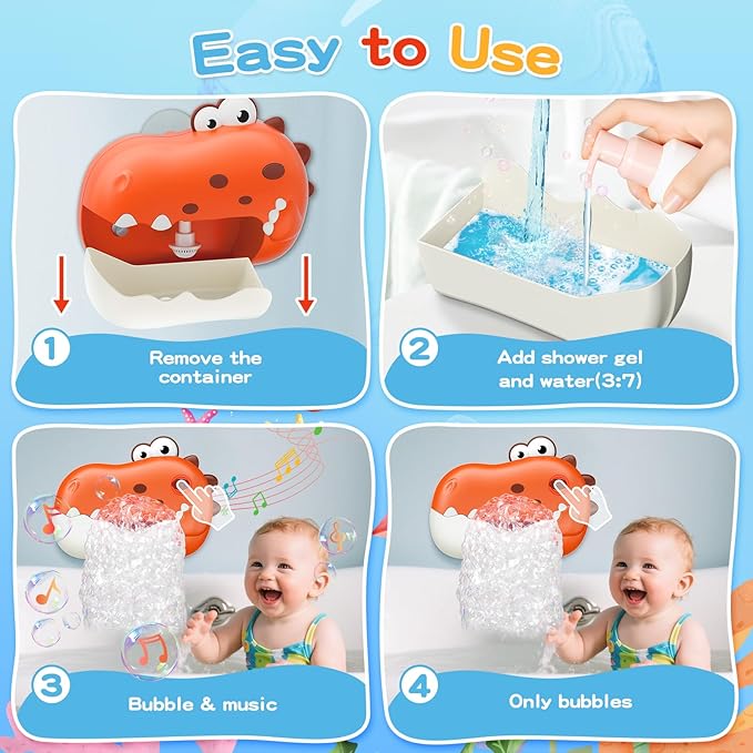 Baby Bath Toys for Kids Ages 1-3 4-8, Rechargeable Dinosaur Bath Bubble Machine with Music for Toddlers, Baby Bathtub Toys Valentine Days Gift, Dinosaur Bath Bubble Maker for Toddlers Kids Boys Girls