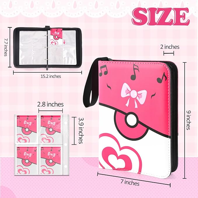 4 Pockets Trading Card Binder, 400 Card Holders with 50 Removable Sleeves, Portable Card Binder Album with zipper, Card holder Book for Game, Sport Collection (Pink)