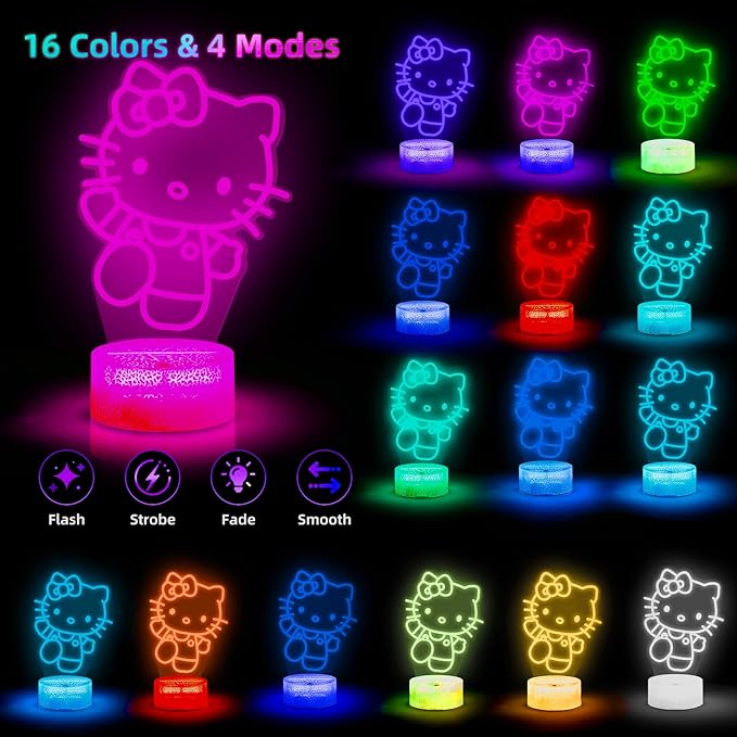 Kitty Night Light, 3D LED 16 Color Intelligent Remote Control Lamp for Christmas Gifts Children's Room Decoration Holiday Gifts