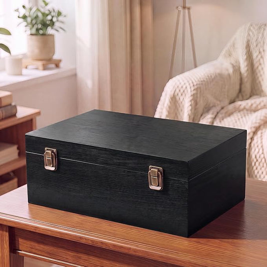 Sliner 1 Pcs Wooden Decorative Storage Boxes with Lids Vintage Wood Organizer Bins for Your Bookshelf Home Decor Safely Store Photos Documents Memory Jewelry Craft Storage (Glossy Black,M Size)