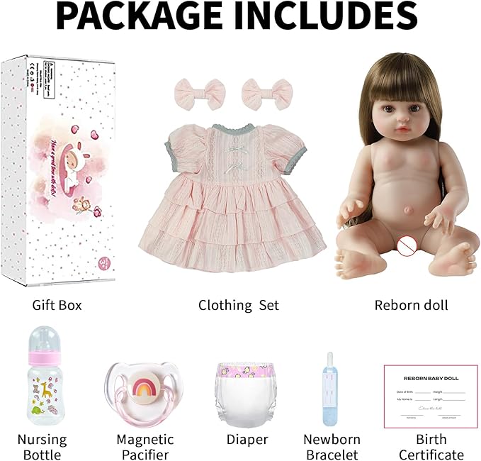 SCOM Lifelike Reborn Doll, Full Silicone Body - 18 Inch Realistic Dolls Girl with Long Hair Handmade, With Cloths and Accessories, For Christmas, Birthdays, Idea Gift for Mothers, Girls and Collectors