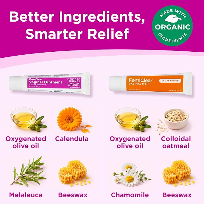 FemiClear Yeast Infection & Itch Relief Ointment Duo, 2-Day Dose, 1 Oz | Fast-Acting Soothing Care & Vaginal Relief for Itching, Irritation, Discharge, All-Natural, Organic Ingredients