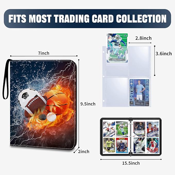 Sports Card Binder 4 Pocket Trading Card Binder 400 Pockets Double Sided Pockets Baseball Card Binder for Football Baseball Basketball Hockey Card and Other TCG Collection Storage Album