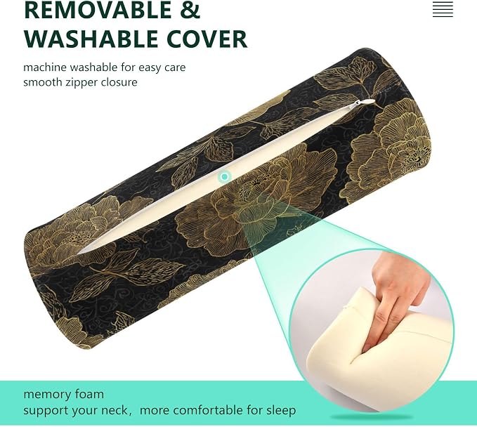 Gold Peony Neck Roll Pillow Bolster Round Health Memory Foam Long Cervical Cylinder Pillows with Removable Washable Cover for Body Bed Legs Back Yoga