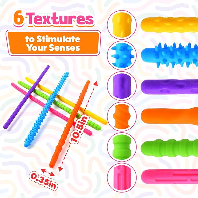 Fidget Toys Sensory Stick: Textured Silicone Sensory Toys for Kids 6 Pack, Stress Fidgets for Anxiety Relief Calming, Autism Classroom Must Haves, Stocking Stuffers for Teen Girls Boys Kids