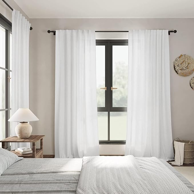 White Semi Sheer Linen Curtains 95 inch Length for Living Room Back Tab Rod Pocket Modern Farmhouse Coastal Decor Off White Cotton Textured Gauze Curtains 95 inches Long for Dining Room Office