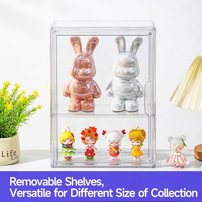 2 Pack Clear Display Case for Figures with Magnetic Door, Acrylic Display Cases for Collectibles, 3Tiers Acrylic Storage Organizers Box, Desktop or Wall-Mounted Showcase for Collectibles Action Figure