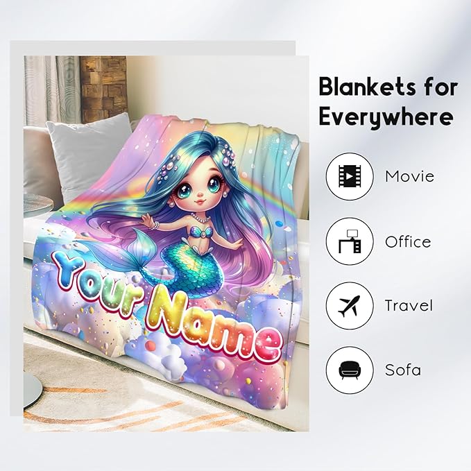 Mermaid Blanket for Girls Personalized Blankets Gifts - 4 Sizes Cozy Flannel Throw for Kids Toddler