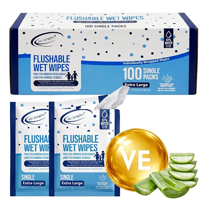 Air Jungles Flushable Wipes Travel Size Individually Wrapped 100 Ct | On-the-Go Butt Wipe with Aloe Vera & Vitamin E, Ultra Soft and Large for Adult and Kid, 97% Water - XL 7 X 7 in, Fresh Scent