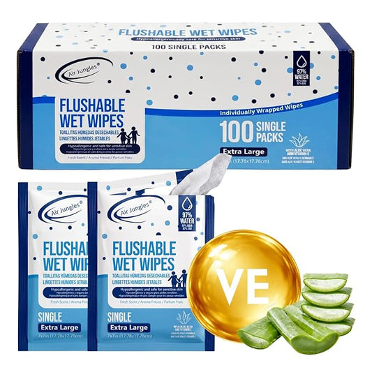Air Jungles Flushable Wipes Travel Size Individually Wrapped 100 Ct | On-the-Go Butt Wipe with Aloe Vera & Vitamin E, Ultra Soft and Large for Adult and Kid, 97% Water - XL 7 X 7 in, Fresh Scent