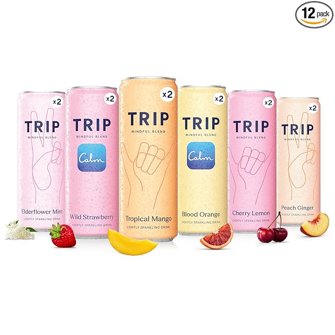 TRIP Lightly Sparkling Adaptogen Seltzer, Non-Alcoholic Mocktail with Magnesium, Ashwagandha, Lions Mane & L Theanine, No Added Sugar, Vegan, Party Variety Pack, 12 Oz, 12Pk