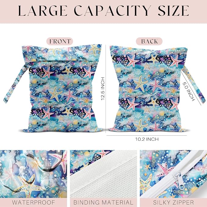 Wet Bag for Swimsuit, Beach Travel Essentials Wet Dry Bag, for Sunscreen Toiletry Dirty Clothes Yoga Gym Diaper, Friends Summer Beach Vacation Gifts. Colorful starfish coral