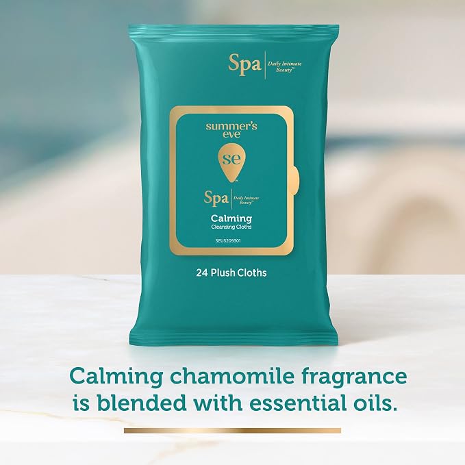 Summer's Eve Spa Calming Chamomile Feminine Wipes, 100% Plant Based*, pH balanced Plush Cloths, 24 Count