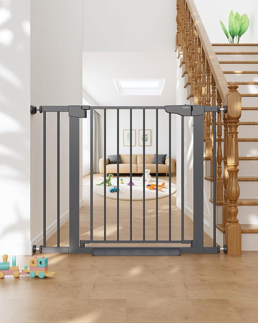 Cumbor 30-40.6" Baby Gate for Stairs and Doorways, Mom's Choice Award Winner, Pressure Mounted Indoor Dog Gate, Easy Walk Through Door, Child Safety Double-Lock, Pet Friendly, Cool Gray