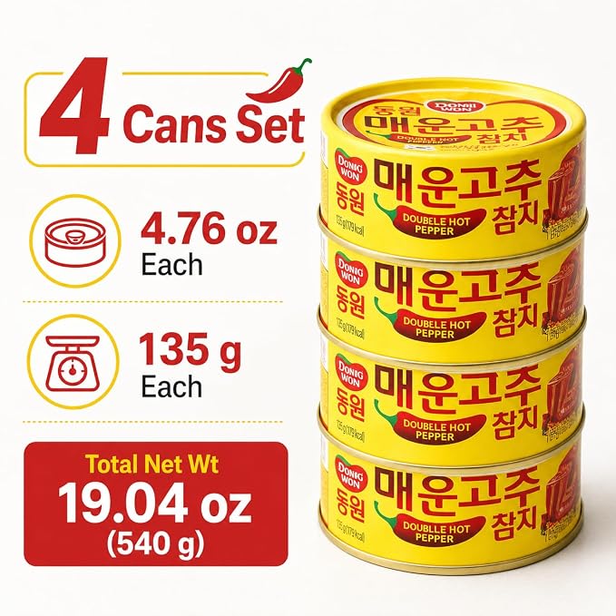 Double Hot Pepper Tuna, Korean Spicy Canned Tuna with Chili Pepper Sauce, High Protein Seafood, 4.76 oz (135g) Cans, 4 Pack (Dongwon)