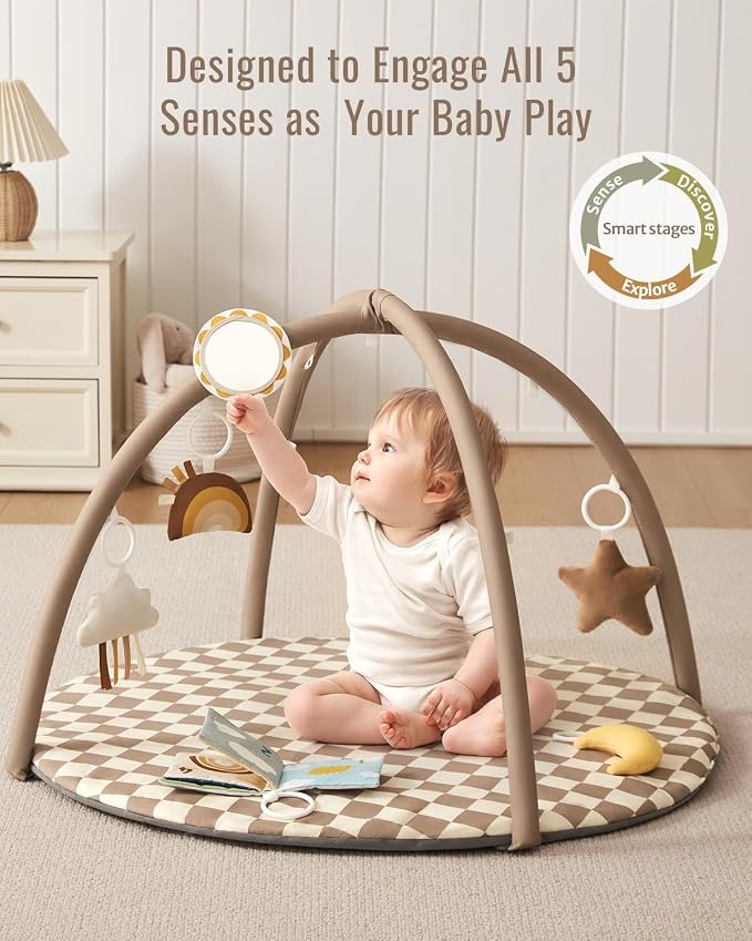 Blissful Diary Baby Play Gym Mat, Play Mat Activity Mat with 6 Detachable Toys for Stage-Based Sensory & Motor Skill Development, Easy to Install & Clean, Baby Essentials Gift, Brown Checkerboard