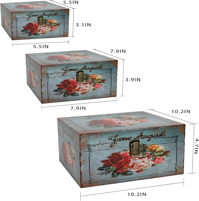 Jolitac Wood Storage Box Set of 3, Vintage Decorative Nesting Boxes Wooden Treasure Storage Crates With Latch, Home Decor Rustic Antique Boxes With Lid for Photos, Jewelry, Cash (Bloom)