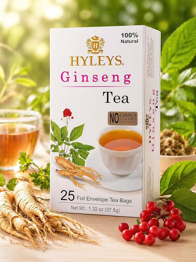Hyleys Ginseng & Green Tea with Natural Guarana & Orange Flavor - Herbal Energy Tea - 25 Tea Bags