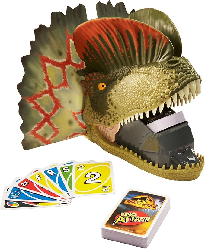 Mattel Games UNO Attack Jurassic World Domination Card Game for Kids & Family Night with Dinosaur Card Launcher, Lights & Sounds (Amazon Exclusive)