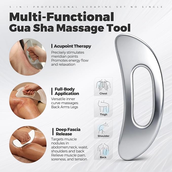 Outus 4 in 1 Stainless Steel Gua Sha Fascia Tool Set, Muscle Scraper Massage Tools for Back, Legs, Arm, Neck & Face, Soft Tissue Relaxation, Self Care Gift for Wedding, Women & Sports Enthusiasts