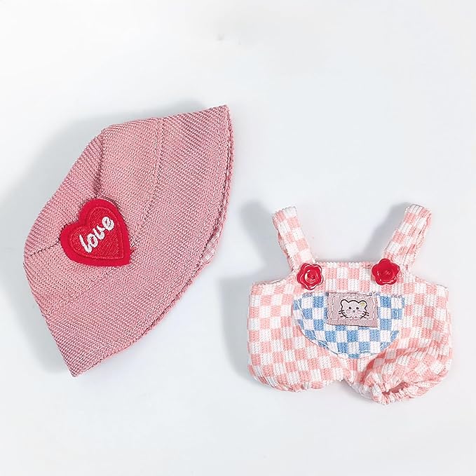 Clothes for 17cm Dolls, Overalls Outfit Set with Accessories, Cute Plush Doll Bucket Hat with Love Heart Design (NO Doll) Pink
