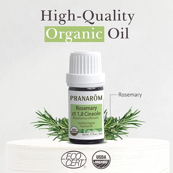 Pranarom USDA Certified Organic Rosemary Cineole Essential Oil (5ml), 100% Pure Undiluted Therapeutic Grade from Tunisia for Aromatherapy, Diffuser, Meditation, Massage, Relaxation