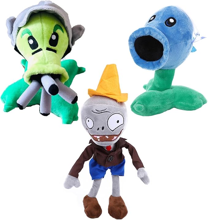 JHESAO 3 PCS Plants and Zombies PVZ Plush Toys - Brown Coat Gatling Peashooter, Ice Peashooter, Conehead Zombies Plushies New