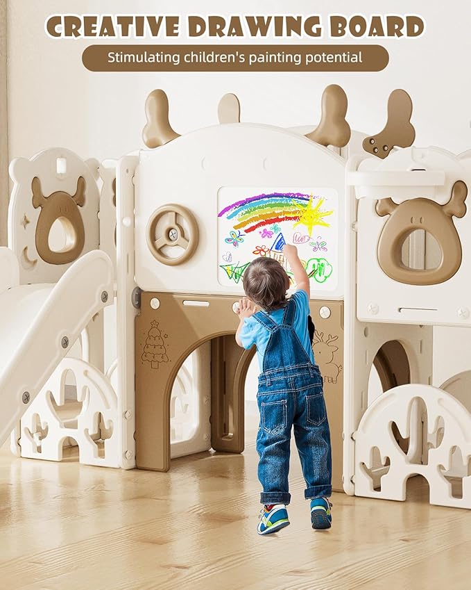 XJD 13 in 1 Toddler Slide Set, Kids Slide for Toddlers Age 1+, New Upgrade with Golf Set, Basketball Hoop, Drawing Board for Indoor Outdoor Playset,Birthday Gifts for Toddler (Brown)