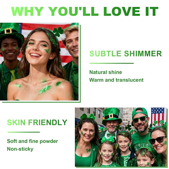 Green Face and Body Highlighter Spray for St. Patrick's Day Makeup, 0.14oz | High Gloss Powder, Waterproof Shimmer Spray for March 17th Mardi Gras Carnival Music Festival Outfits Rave Accessories