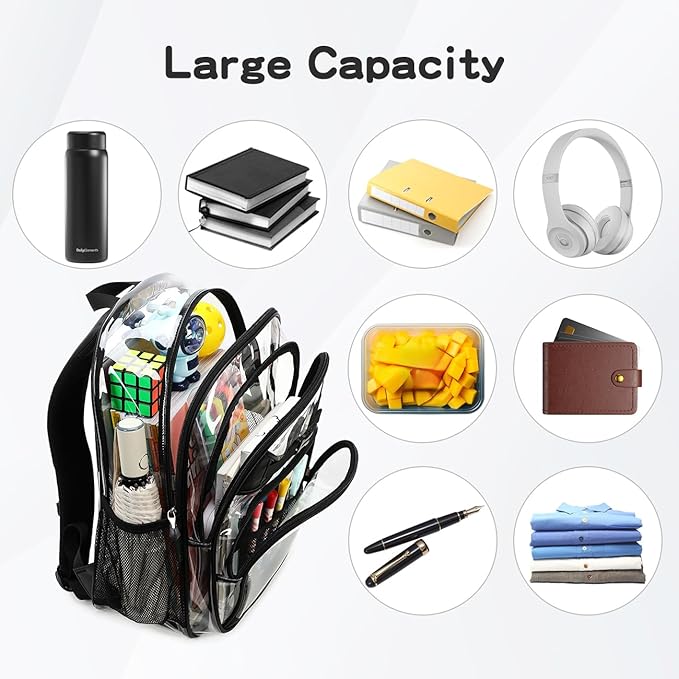 Cusangel Clear kids Backpack for Boys Girls,Black tpu Heavy Duty 16in Transparent Bookbag for School,Student children Bag Stadium Approved See Through Backpack,Stitch Bag durability